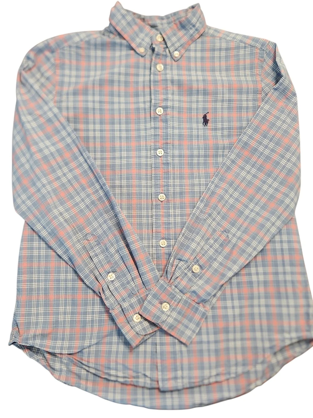 Ralph Lauren Boys Kids Size M 8-10 Plaid Blue Pink Button-Down Shirt Polo Pony